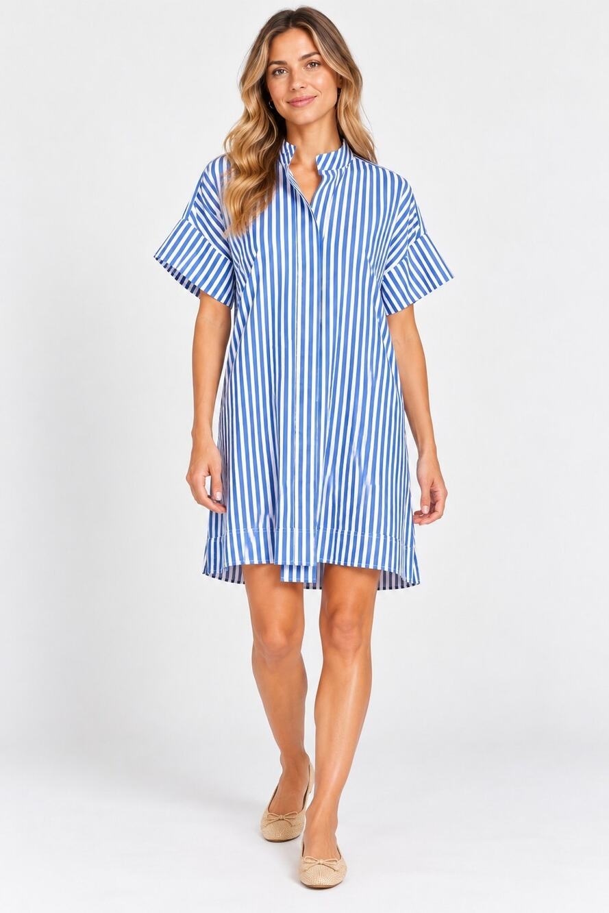 Quince Organic Cotton Blue White Strip Shirt Dress Small